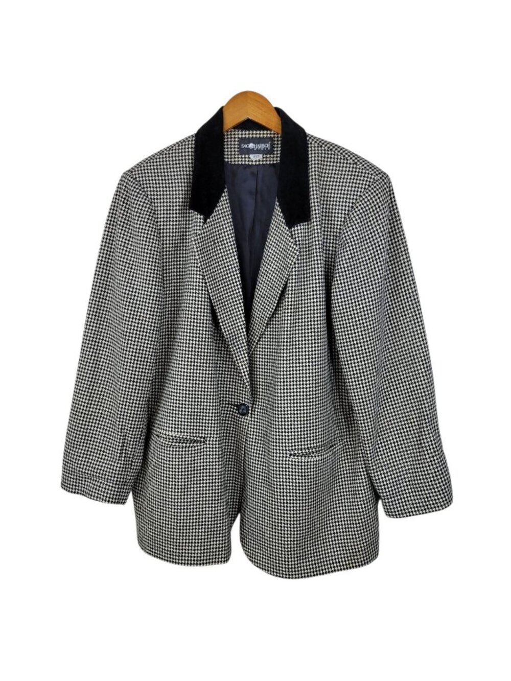 Houndstooth Blazer Jacket Plus Sz 20 20W Check Career Vintage 90s Velvet Collar